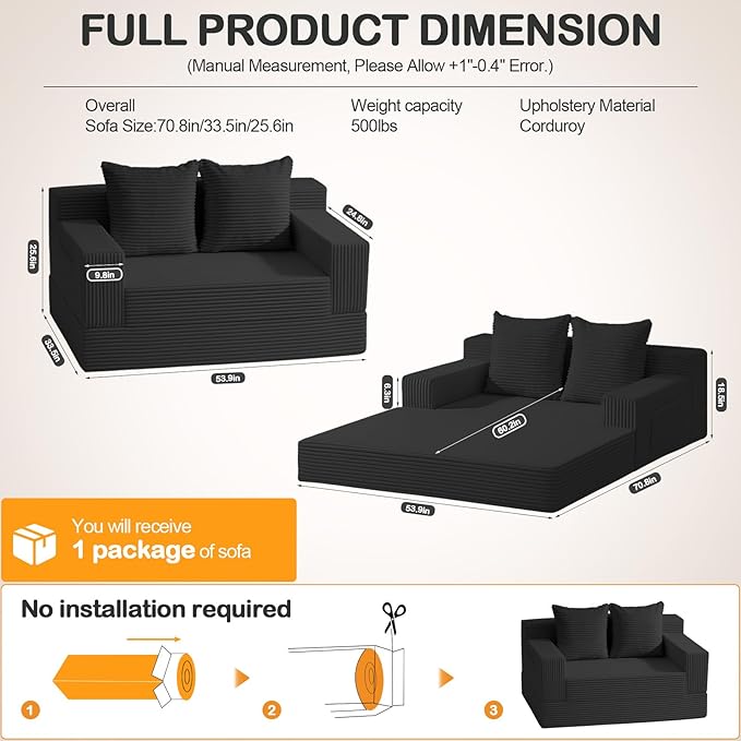 Loveseat Boneless Convertible Sofa Bed Folding Floor Futon Sleeper Sofa Couch Bed- Boneless Foldable Couch Corduroy Pull Out Sofa Bed with 2 Pillows for Living Room &amp Bedroom