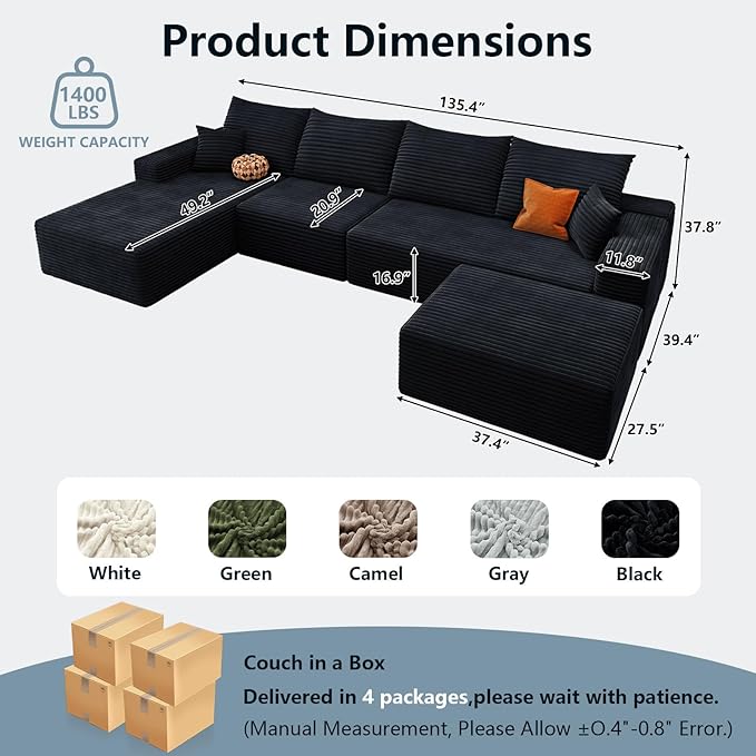 136 U Shaped Cloud Sectional Couch with Fluffy Corduroy Deep Memory Foam Seats Sofa with 1 Ottoman for Living Room No Assembly Required(BlackLeft-Facing Chaise)