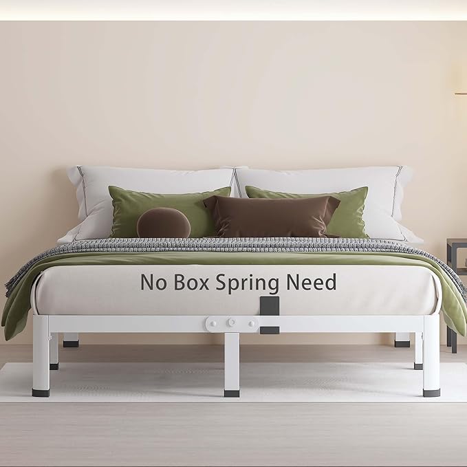 MAF 7 Inch King Metal Platform Bed Frame White with Round Corner Legs Mattress Slide Stopper 3000 LBS Heavy Duty Steel Slats Support Noise Free No Box Spring Needed Easy Assembly