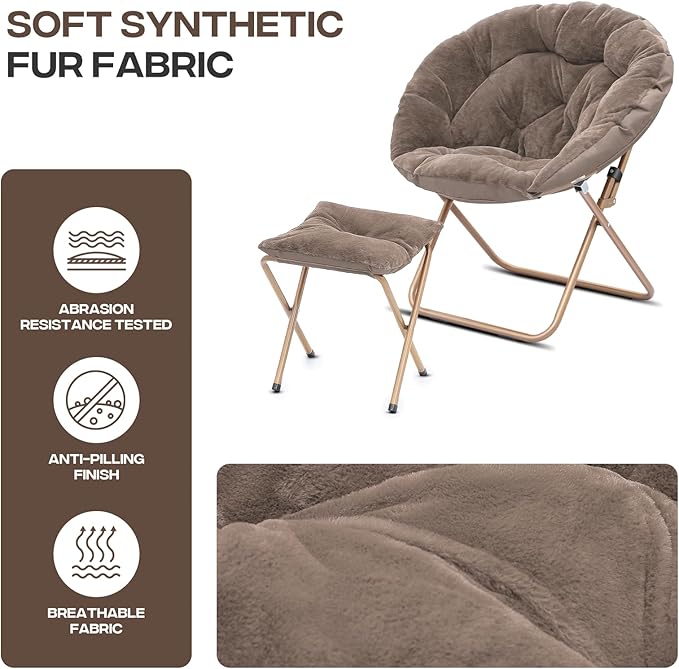 Cozy Saucer Chair Living Room Chair Faux Fur Soft Thick Padded Folding Chair Comfortable Moon Chair for Living Room Bedroom Reading Nook Modern Style Light Brown