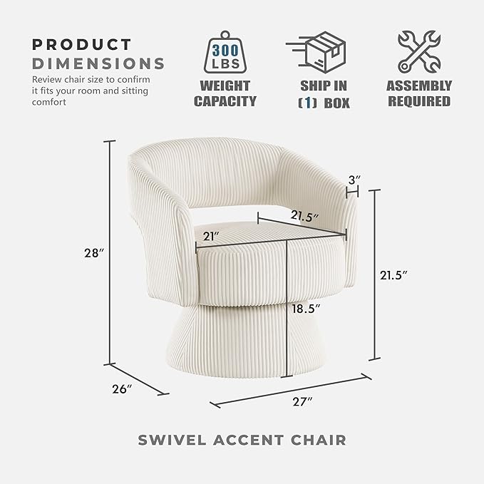 Lexicon 360 Degree Swivel Accent Chair Modern Comfy Corduroy Round Barrel Chair Open Back Plush Foam Cushions Metal Swivel Base for Living Room/Bedroom/Office Beige