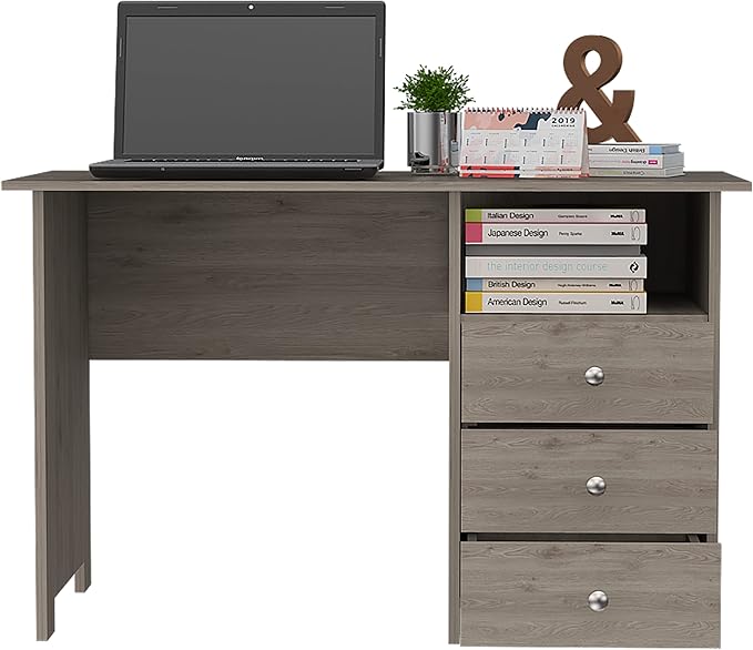 Compact Corner Desk | Open Shelf &amp 3 Drawers | Light Gray | Home Office | Workstation