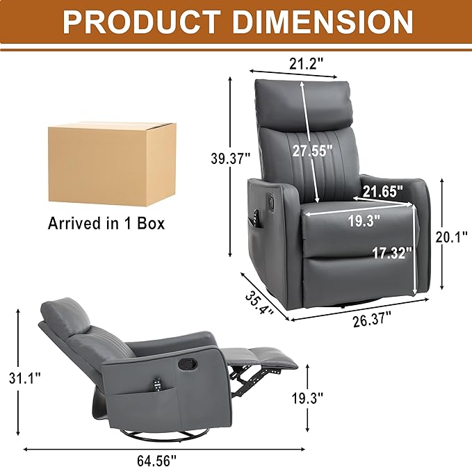 Manual Swivel Rocker Recliner Chair for Adults Overstuffed Recliner Glider with Massage and Heat Living Room Reclining Chair PU Leather Gray