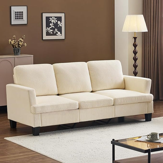 VINGLI Beige 83 Sofa Couches for Living Room Corduroy Modern Comfy 3 Seater Couch 25.6 Deep Seat Upholstery Cozy Sofas for Small Space Bedroom Apartment Home Office