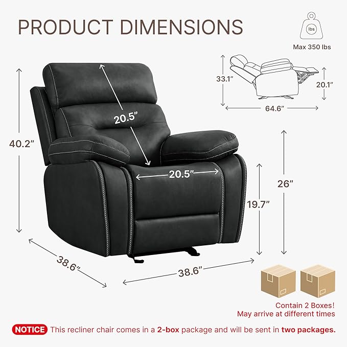 Leather Recliner Chair Manual Sofa Rocker for Adults with Overstuffed Arm for Living Room Bedroom Home Theater Seating