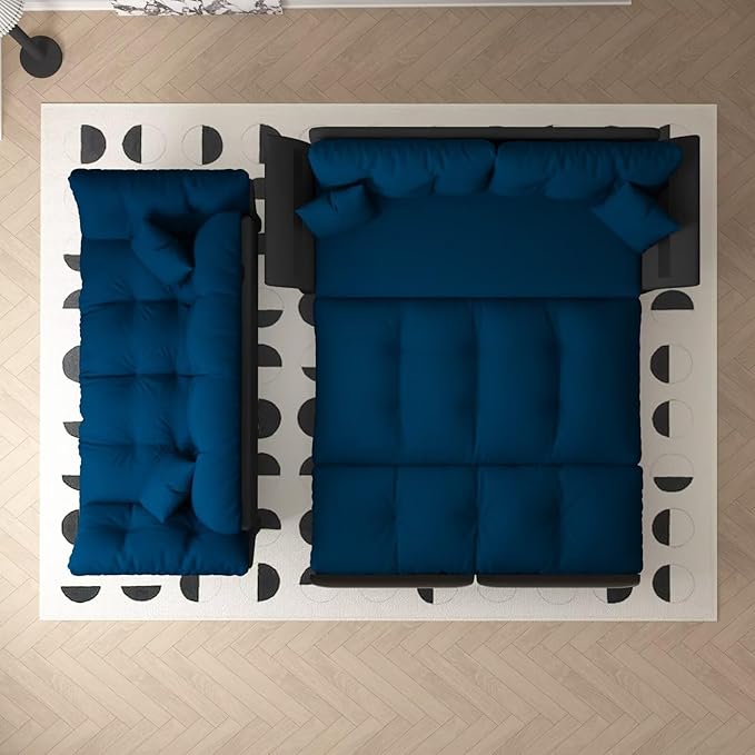 3-in-1 Folding Convertible Sleeper Tufted Couch with 2 Soft Pillows 74.8 Queen Pull Out Sofa Bed Multi-Functional Velvet Loveseat Bed Blue