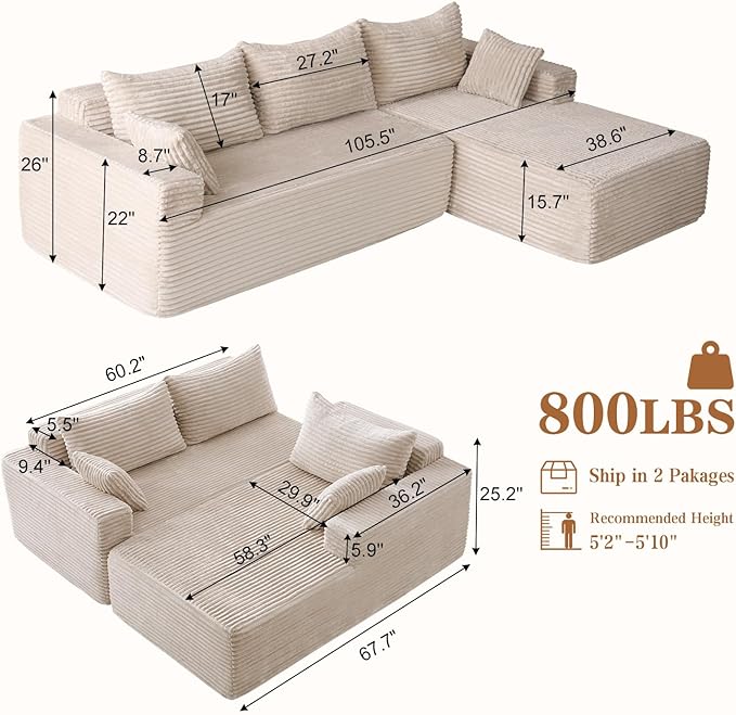 PARKOL 105 Cloud Sectional Couch with L-Shape ChaiseModern Modular Sofa with Deep Seat Upholstered Couches for Living Room BedroomNo Assembly Required Beige(Plush Corduroy Fabric)