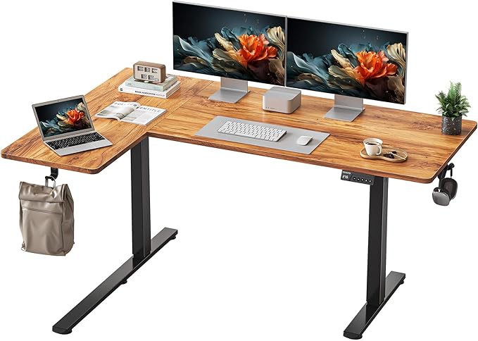 YIHAYO Reversiable L-Shaped Electric Standing Desk 59 Inches Stand Up Corner Desk Sit and Stand Up for Work Office Home Ergonomic Rising Computer Table with Splice Board Rustic Brown