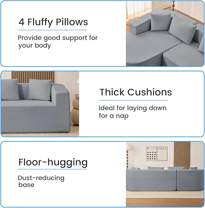 PUREMIND 98 L Shaped Sectional Couches for Living Room Boneless Comfy Modern Sofa Cloud Sectional Modern Sleeper Couch with Chaise for Bedroom Apartment No Assembly Required (Light Grey)