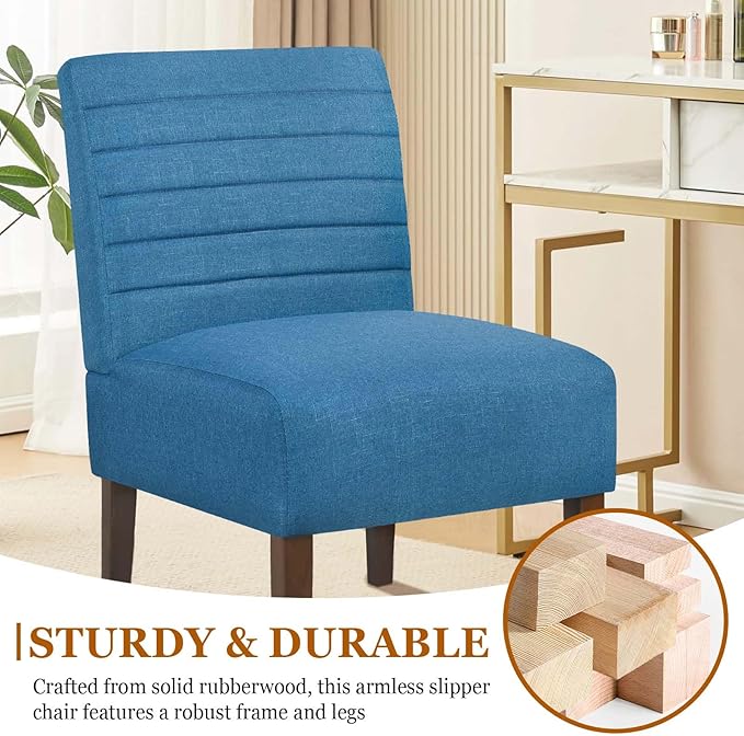 Modern Accent Chair for Living Room Upholstered Armless Slipper Chair with Back &amp Wood Legs Comfy Small Chair for Bedroom Living Room Reading Spaces Office (Blue)