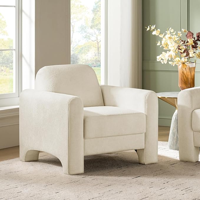 HULALA HOME Modern Curved Accent Club Chair Chenille Armchair Upholstered Sofa Chair with Wrapped Armrests Comfy Reading Armchair for Living Room Easy Assembly Ivory