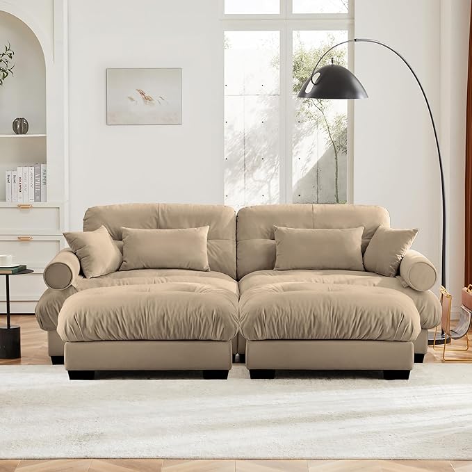 Loveseat Sofa 93.7 Modular Sectional Sofa 2 Seater Modern Cloud Couch with Ottoman Oversized Sectional Couches for Living Room Comfy Velvet Sofas Deep Seat Couch with 4 Pillows Camel