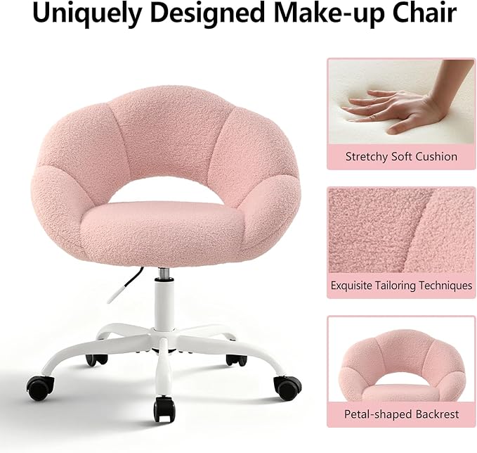 Vanity Chair Petal-Shaped Criss Cross Chair with WheelsUpholstered Tall Office Chair with Back for Girls WomenMid-Back Swivel Accent Chairs for Living Room Bedroom (Pink)