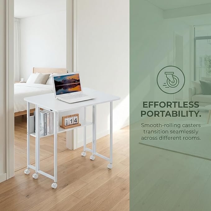 Mobile Small Rolling Computer Desk Folding Laptop Cart Table with Wheels Portable Foldable Desk for Small Spaces Compact Rolling Office for Couch Bed Study Home (White31.5L × 22.9W × 29.53H)