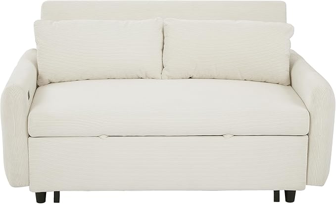 57.48 Beige Corduroy 2 Seat Convertible Pull Out Sofa Bed with USB Ports Small Space Modern Convertible Loveseat Sofa Couch for Living Room