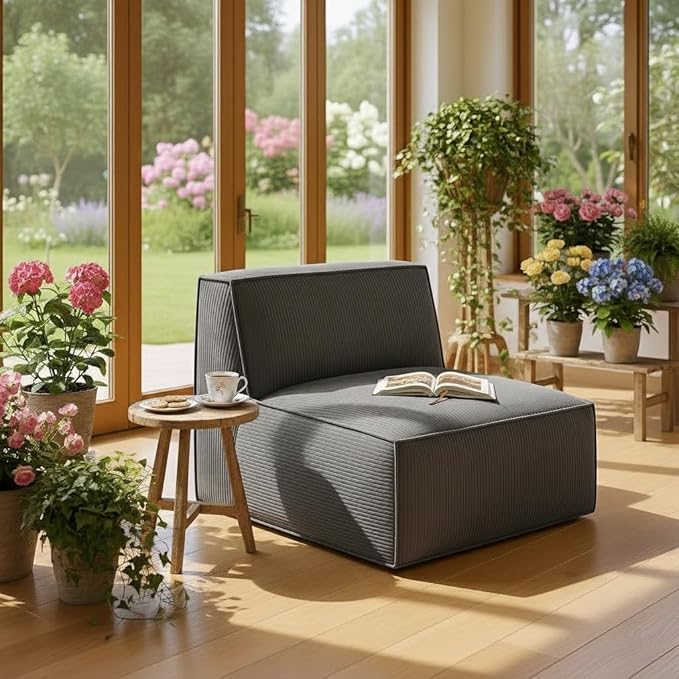 Amada Memory Foam Modular Sofa 30.7 Convertible Single Seater with Back Support - Plush Corduroy Lounge Chair for Bedroom Living Room | Sectional Middle Piece（1-Seater Back ChairGrey）