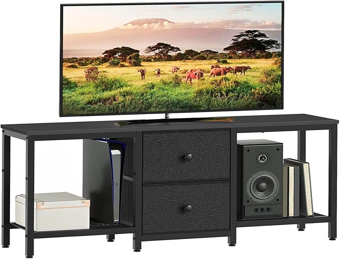 TV Stand for TVs up to 55 Entertainment Center with 2 Fabric Drawer Media Console with Shelves Television Stands for Living Room Bedroom Black DS02BB