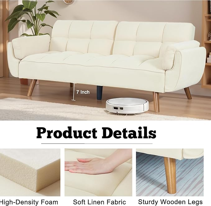 Convertible Futon Sofa Bed Sleeper Couch Bed with Adjustable Backrests Linen 3 Seater Small Couches for Small Spaces Living Room Bedroom(Beige 75)