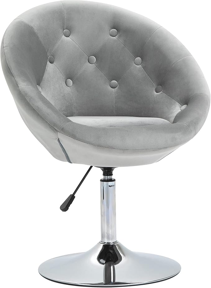 Modern Makeup Vanity Chair Round Tufted Swivel Accent Chair with Chrome e Height Adjustable for Living Room Bedroom Gray