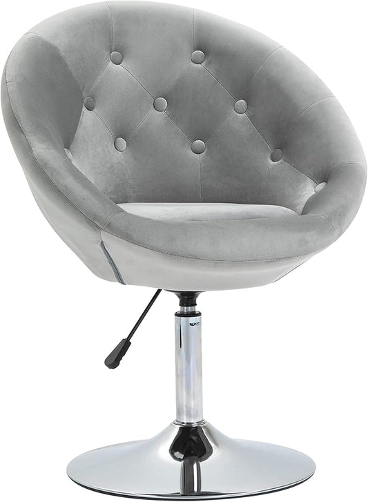 Modern Makeup Vanity Chair Round Tufted Swivel Accent Chair with Chrome e Height Adjustable for Living Room Bedroom Gray