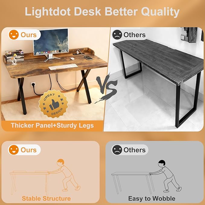 Lightdot 47x24 Inches Computer Desk with Power Outlets &amp USB Deeper Desktop &amp Baffle Gaming Office Writing Work Desk for Home Office Study Bedroom Heavy Duty Metal Frame Rustic Brown