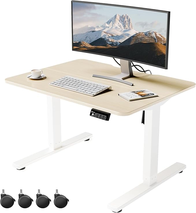 ERGOMAKER Low Height Adjustable Desk with Lockable Wheels Lifts 18.9-29.5 31.5 x 23.6 Electric Small Standing Desk with Splice Board for Home Office &amp Short People(White Frame Gold Oak Desk
