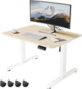 ERGOMAKER Low Height Adjustable Desk with Lockable Wheels Lifts 18.9-29.5 31.5 x 23.6 Electric Small Standing Desk with Splice Board for Home Office &amp Short People(White Frame Gold Oak Desk