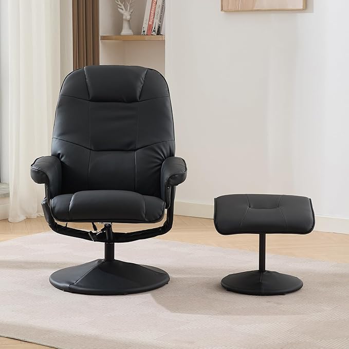 Ergonomic Recliner Chair with Ottoman for Adults 360° Swivel Massage Lounge Chair with 5-Point Vibration &amp Heated Seat140° Adjustable PU Leather Recliner for Living Room Office (Black+PU Leather