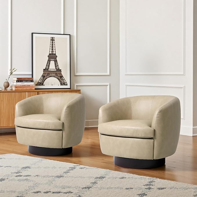 Swivel Barrel Accent Chair Comfy Modern Upholstered Round Faux Leather Reading Arm Chair for Living Room Bedroom (Cream Set of 2)