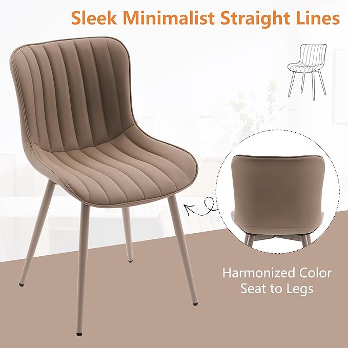 YOUNUOKE Mid-Century Modern Dining Chairs Set of 2 Khaki PU Leather Upholstered Kitchen Chairs with Khaki Metal Legs Armless Accent Chair for Dining Room Guest Reception Room