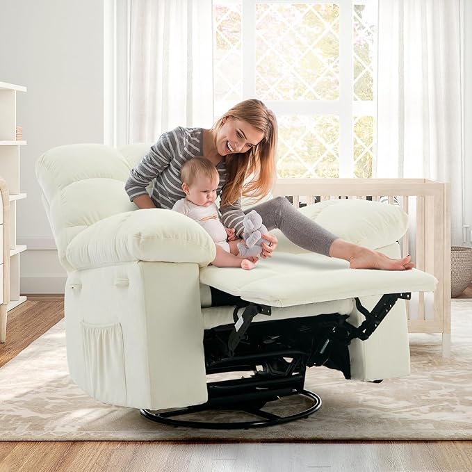 Rocker Swivel Recliner Chair for Adults - Overstuffed Comfy Soft Fabric Manual Recliner Glider Nursery Rocking Sofa Chair for Living Room(Beige)