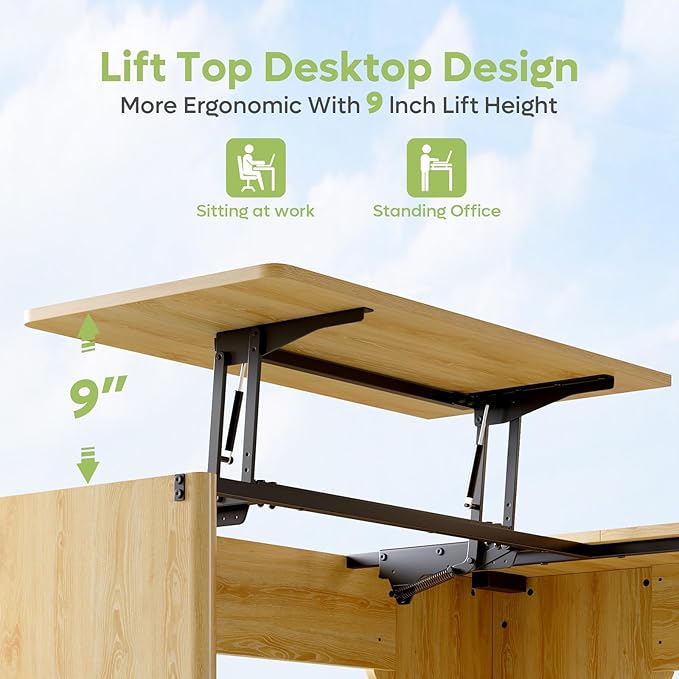 Bestier L Shaped Desk with Lift Desktop 55 inch Corner Desk with Fluted Panel Deisgn Drawers Modern Office Desk with File Drawer (Natual Oak 55'' x 55'' Lift Top)