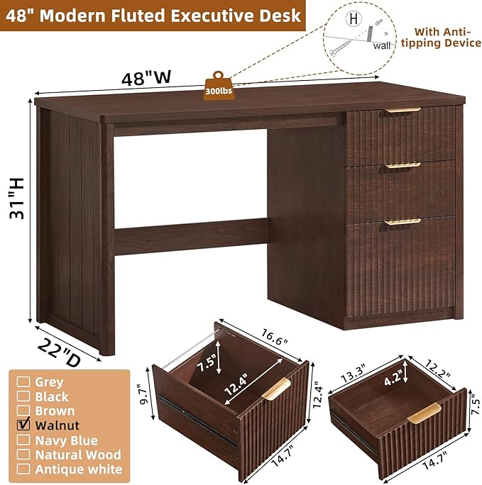 LEYAOYAO Office Desk 48 with 3 Drawers Storage File Cabinet Wood Fluted Desk for Computer Office Bedroom Home Furniture Walnut