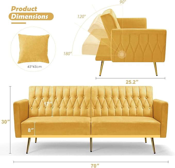 70 Velvet Futon with Adjustable Backrest and Armrests Sofa Bed with Extra Pillows for Waiting Room Living Room and Office Yellow
