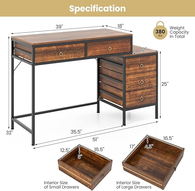Tangkula Computer Desk with 5 Drawers 51 Home Office Desk with Printer Stand Metal Frame Study Writing Table Industrial Computer Workstation PC Desk for Bedroom Office Small Space Rustic Brown
