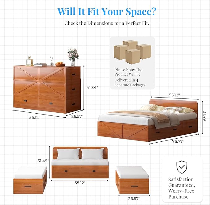 PUREMIND Murphy Bed Full with Mattress Included Wood Cabinet Bed with Dual Storage Drawers &amp 2 Pillows 3-in-1 Convertible Sofa Beds for Small Space Guest Room Home Office Cherry