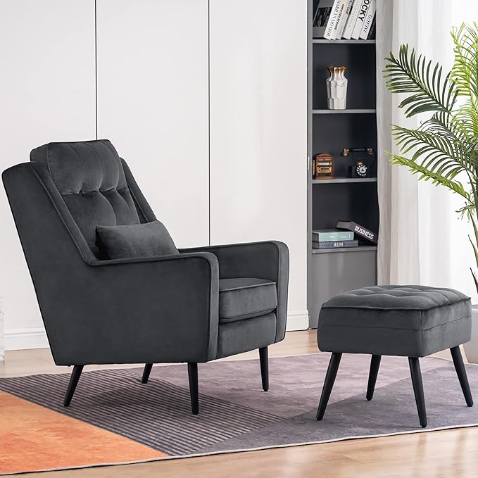 MCombo Velvet Accent Chair with Ottoman Modern Armchair for Small Space Living Room Office Reception Fabric 4278 (Dark Grey)