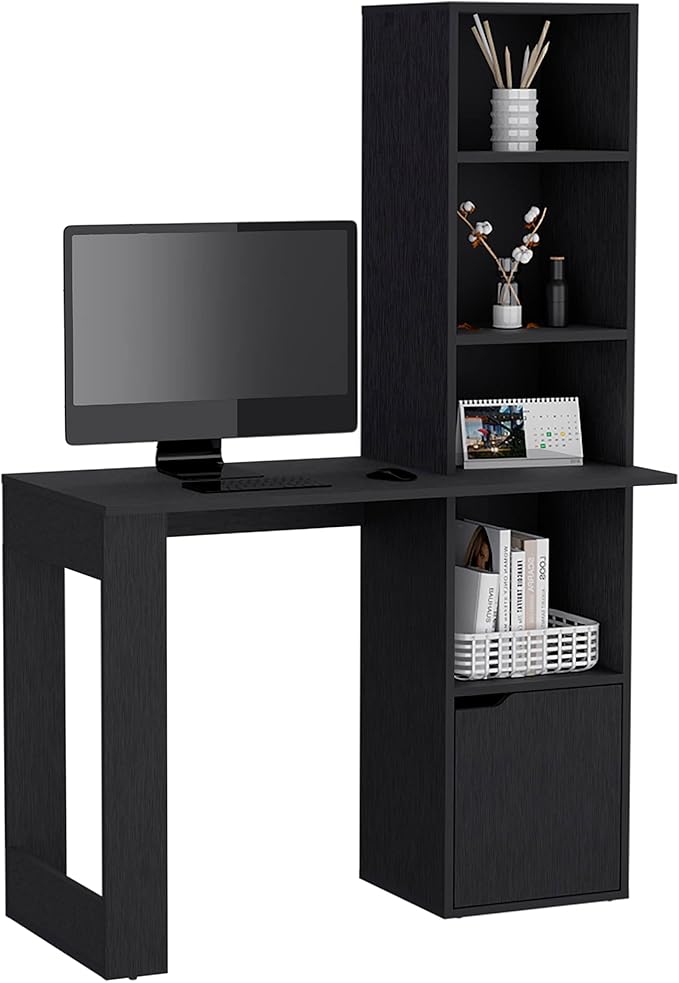 Office Desk with Four-Tier Bookcase and Lower Cabinet Home Office Desks Computer Desk Black Wengue Finish