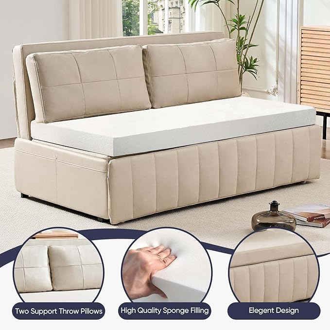 ijuicy 3 in 1 Queen Size Pull Out Sofa Bed Leathaire Sleeper Sofa with Pullout Bed Convertible Loveseat Couch with Pillows and Tri-fold Mattress for Small Spaces Apartment Beige