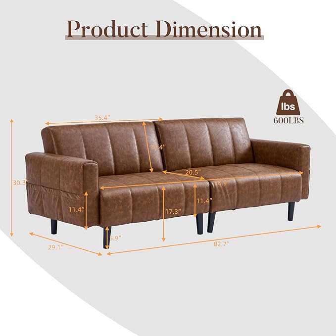 83 Mid Century Modern Futon Sofa Bed 3 Seater Faux Leather Couch with Adjustable Backrest Comfy Upholstered Sleeper Sofa for Living Room Apartment Home Office (Brown)