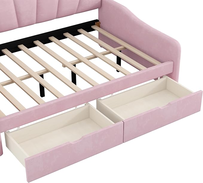 Bellemave Full Size Upholstered Daybed Frame with Shall Shaped Backrest &amp 2 Drawers Velvet Fabric Sturdy Pine Wood Legs for Bedroom/Guest Room Pink