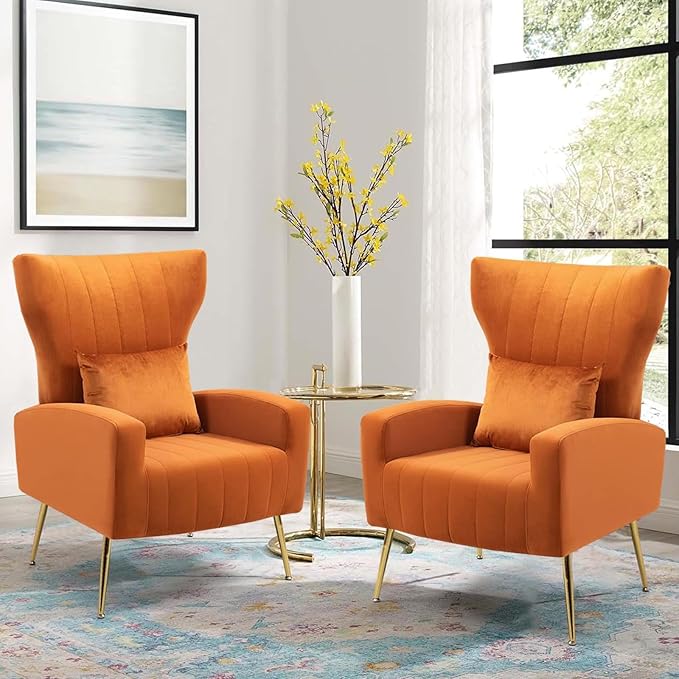 X-VOLSPORT Velvet Accent Chair Mid Century Modern High Back Living Room Chair with Waist Pillow Upholstered Arm Chair with Metal Gold Legs for Bedroom Club Orange