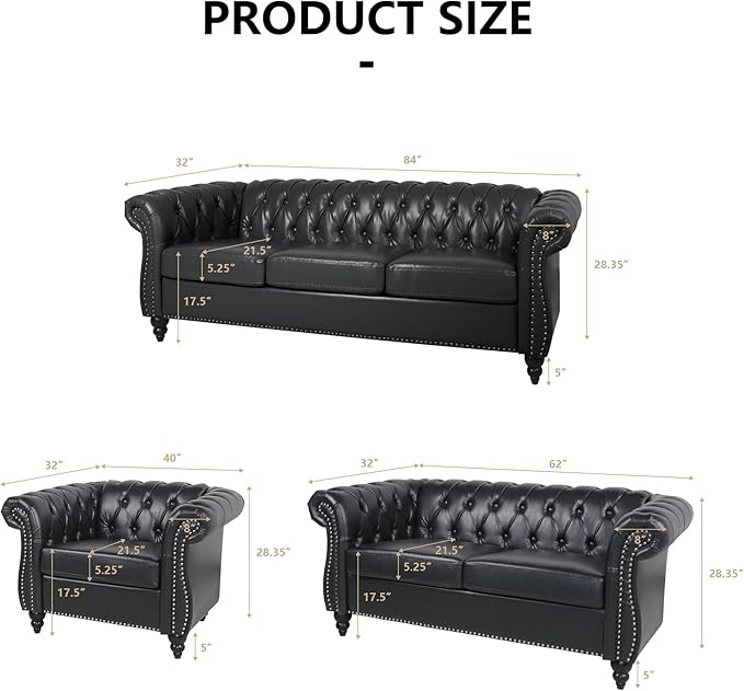 AVZEAR Chesterfield Leather Sofa 3 Seater Couch Mid-Century Large Sofa Roll Arm Classic Tufted Settee Modern PU Sofa with Channel Tufted Seat Back for Living Room Office Apartment PU Black