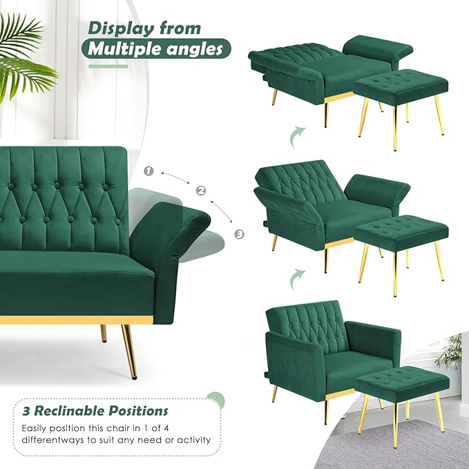 Velvet Accent Chair with Adjustable Backrest and Armrests Single Recliner Armchair with Ottoman and Golden Mental Legs for Living Room Bedroom and Waiting Room Green