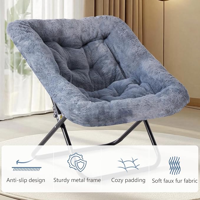 DUMOS Comfy Chair for Adults Soft Faux Fur Folding Lounge for Bedroom Living Room Dorm Rooms Flexible Reading Chair for Teens Large Size Foldable (Square-Gray)