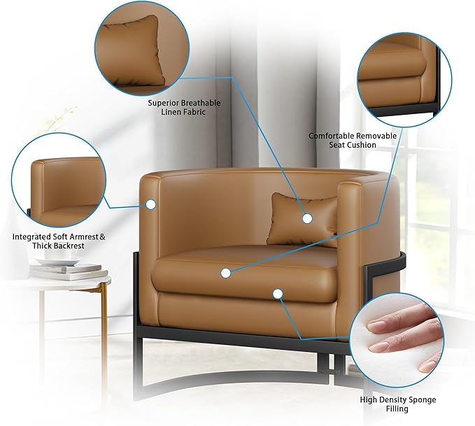 Alunaune Upholstered Modern Living Room Chairs Barrel Accent Chair Faux Leather Armchair Mid Century Lounge Chair Anti Scratch Sofa Tub Bucket Club Side Chair for Bedroom-Brown