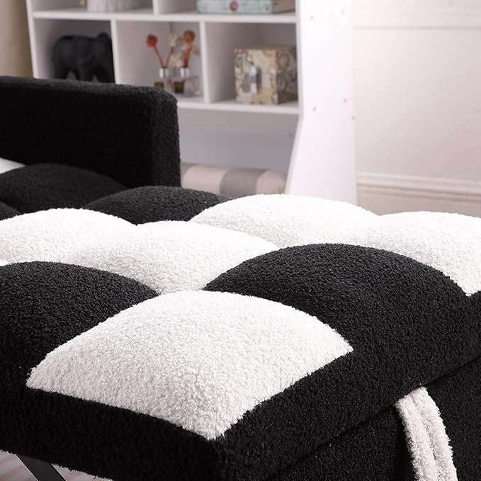 Sleeper Chair Bed Multi-Functional Convertible Chair Sleeper Teddy Fabric Adjustable Pull Out Sofa Bed with Lumbar for StudioDorm Apartment BedroomOfficeLiving Room (Black-White)