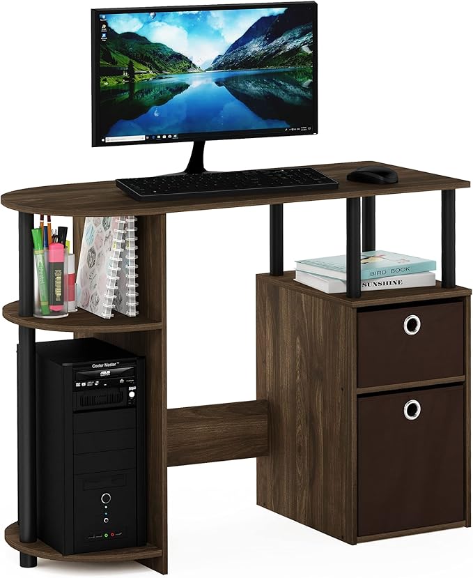 Furinno JAYA Desk 38.4 Wide Gaming Desk with Bin Drawers Computer Desk with Side Shelf Office Desk for Study Home Office Bedroom Dorm Study Room Columbia Walnut