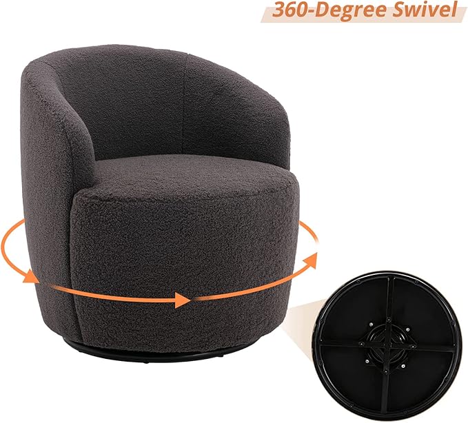 KIVENJAJA Swivel Barrel Chair Teddy Sherpa Upholstered Modern Round Accent Arm Chairs 360 Degree Swivel Small Single Sofa Armchair for Nursery Living Room Bedroom (Teddy Dark Grey)