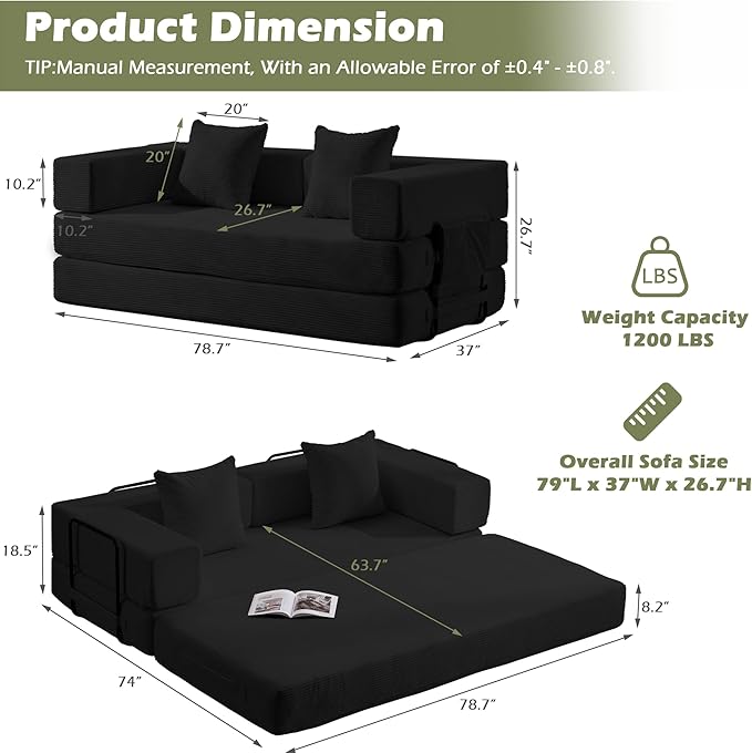 4 in 1 Convertible Sleeper Sofa Bed78’’ Compression Folding Sofa Bed with Pillows &amp Side Pockets Fold Out Floor Couch Boneless Couch for Living Room BedroomBlack